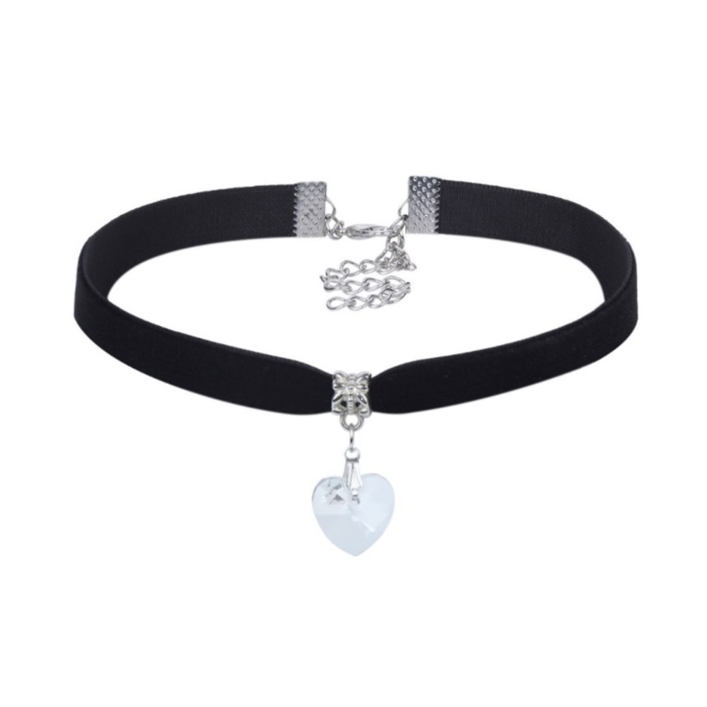 Crystal Heart Black Velvet Drop Choker Necklace